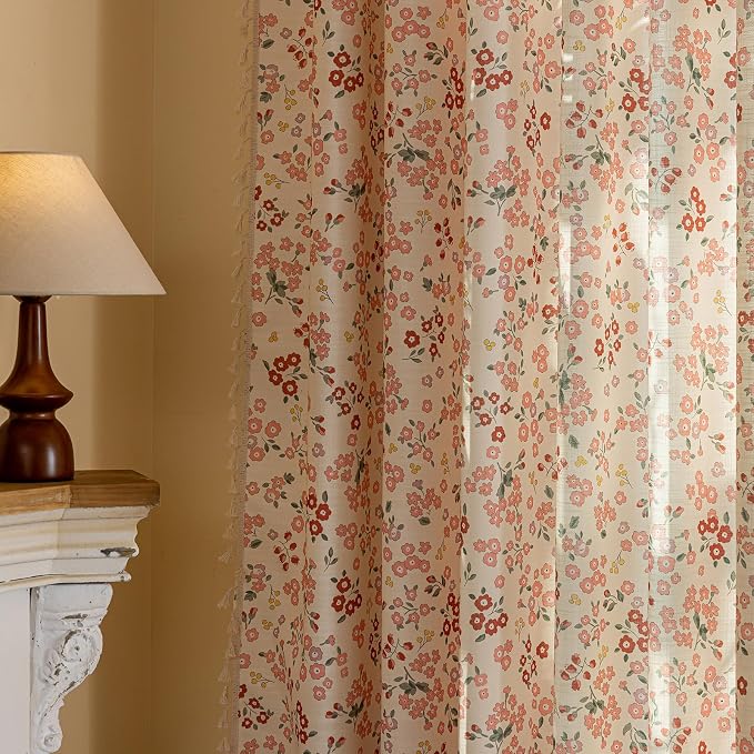 OYX Pink Boho Farmhouse Floral Curtains 96 Inch Long 2 Panels For Living Room, Flower Girl Bedroom Light Filtering Drapes, Vintage Country French Patterned Rod Pocket Aesthetic Decor Window Treatments