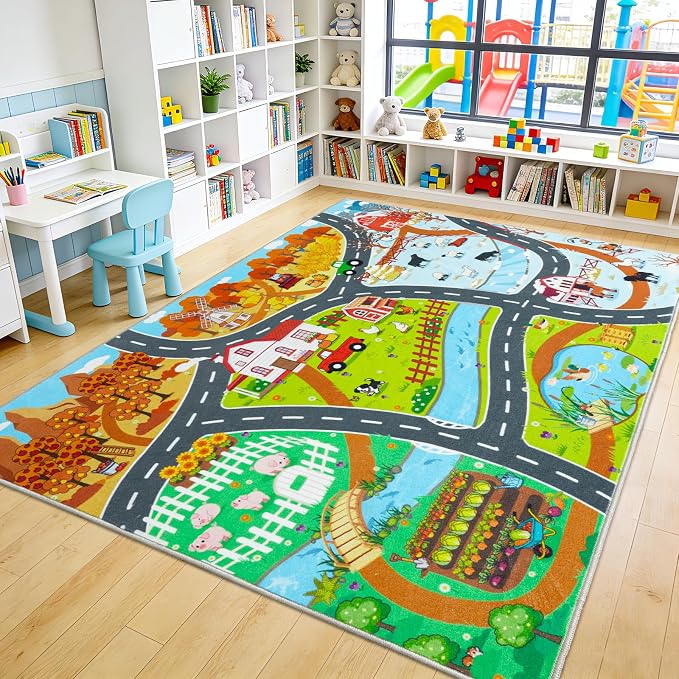 Car Rug Play Mat for Kids Toy Cars, 7' x 9' Town Country Barn Track Four Seasons Farm Theme Traffic Carpet, Non-Slip Washable Area Rug for Kids Room Bedroom Play Area, Fun Learning Rugs for Children