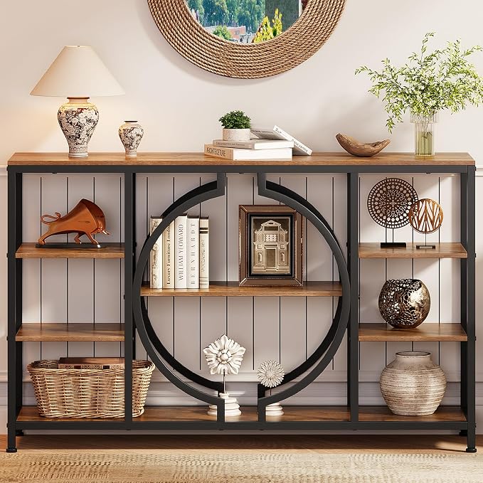 GiftGo 47" Industrial Console Tables for Entryway Rustic Sofa Table Behind Couch 4 Tier Wooden Shelves Entry Table with Storage for Foyer, Hallway, Front Door,Living Room (Rustic Brown, 47")