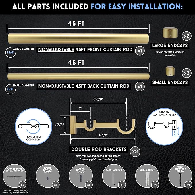 BlastHome® Non-Adjustable Luxury Double Curtain Rods for Windows, 1 ¼” Premium Rod Set, 4 1/2 foot Custom Fixed Length, Brushed Gold