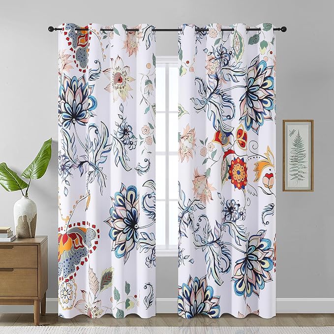 Estelar Textiler Boho Floral Blackout Curtain,Blue White Watercolor Vintage Painting Flower Curtains Set for Living Room Decoration,Thermal Insulated Room Darkening Farmhouse Drapes,52x96,2 Panels