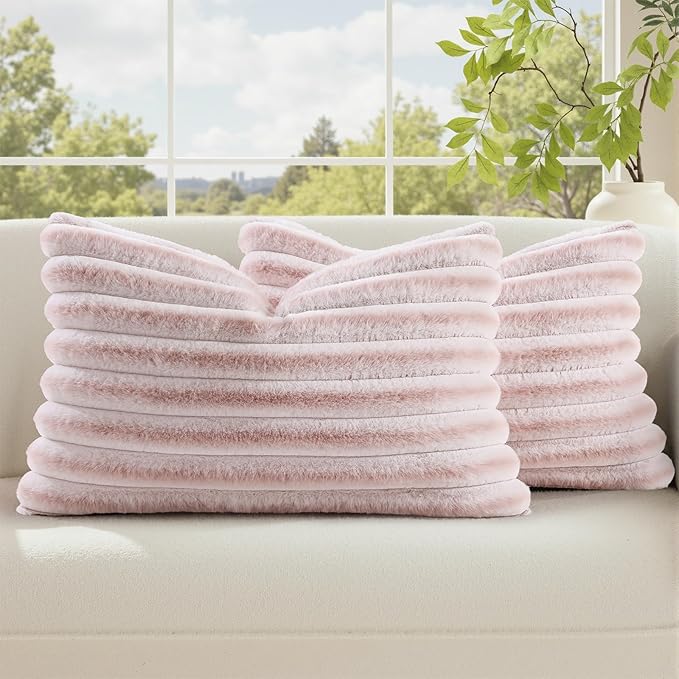 decorUhome Fall Cozy Faux Fur Throw Pillow Covers 12x20 Set of 2 Decorative Soft Plush Striped Lumbar Modern Farmhouse Boho Couch Pillow Cases with Velvet Back for Sofa Bed Living Room, Pink White