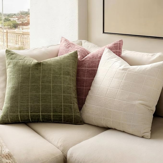 MIULEE Olive Green Plaid Decorative Throw Pillow Covers 18x18 Set of 2 | Vintage Check Chenille Couch Pillows Neutral Boho Farmhouse Cushion Covers Modern Home Decor for Sofa Bed Living Room