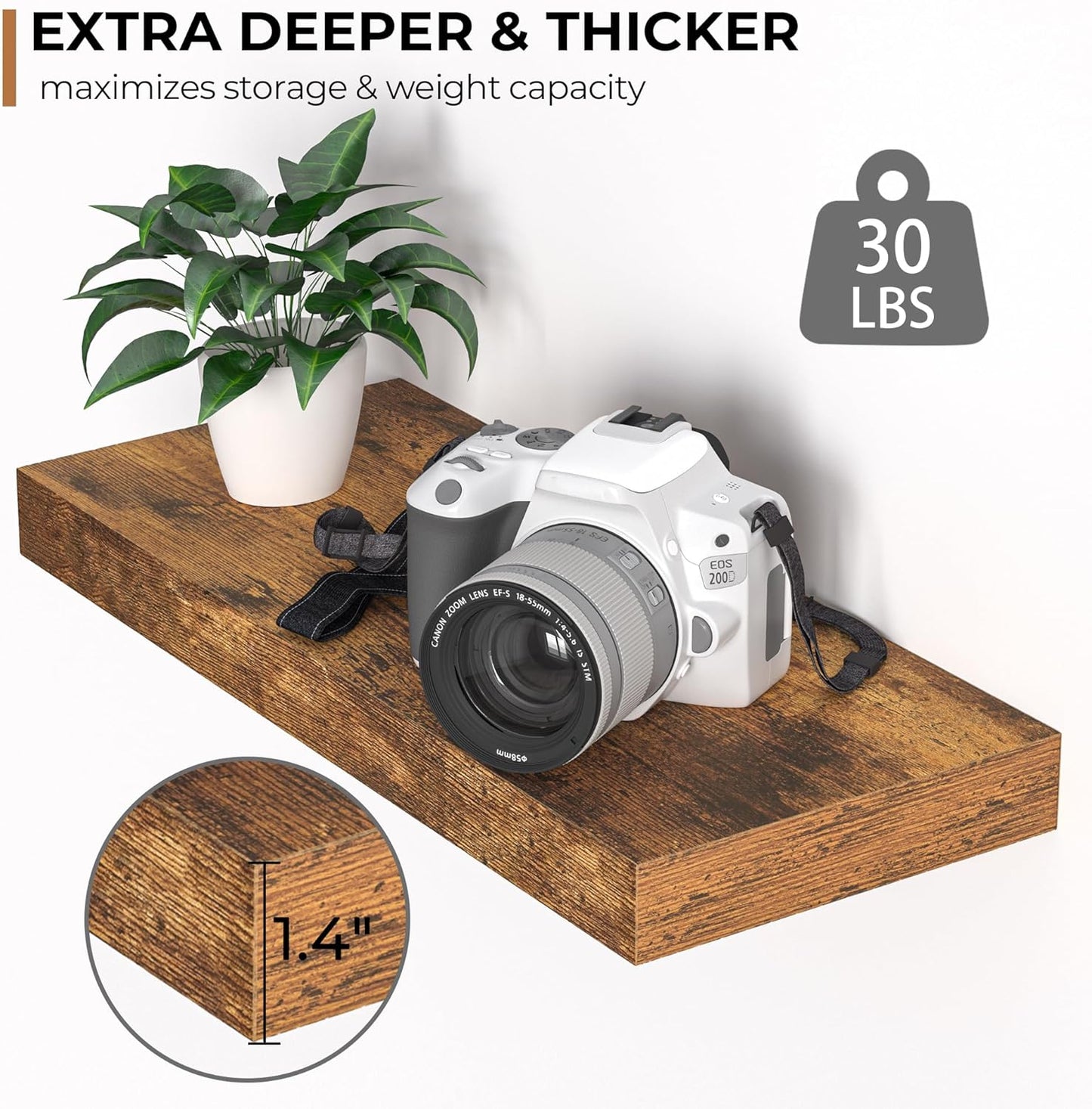 Fun Memories Floating Shelves - 16 Inch Rustic Brown Wall Shelf - Wall Mounted Shelves for Wall Decor Storage - Wooden Shelves with Invisible Brackets for Living Room, Bedroom, Kitchen, 2 Pack