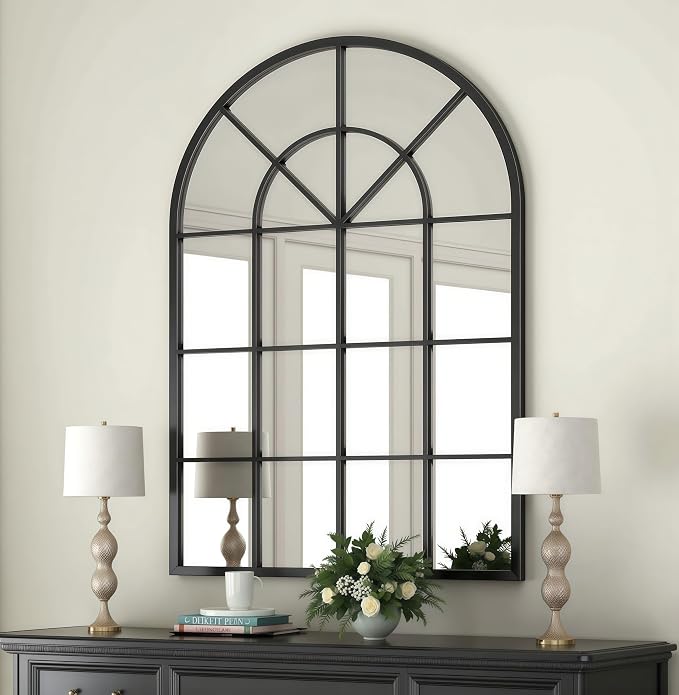 Arch Wall Mirror Mounted Decorative, 30"x42", Arched Window Pane Mirror for Wall-Mounted for Entryway, Bathroom Vanity, Living Room or Bedroom, Iron Frame, Black