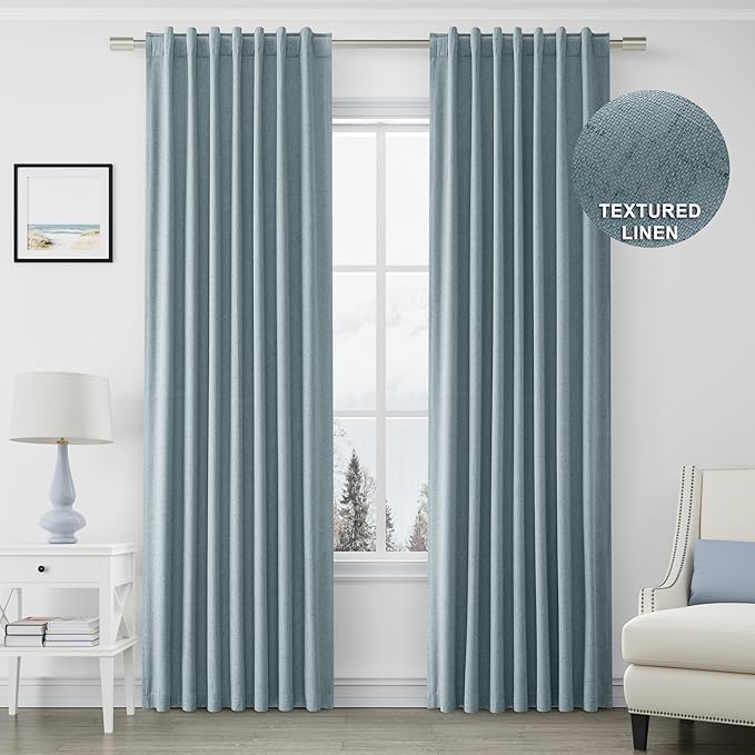 Joywell 100% Blackout Linen Curtains 96 Inches Long for Boys Bedroom Black Out Curtain Room Darkening Drapes for Sliding Glass Door Window Rod Pocket Back Tab 2 Panels Set,52 x 96,Blue