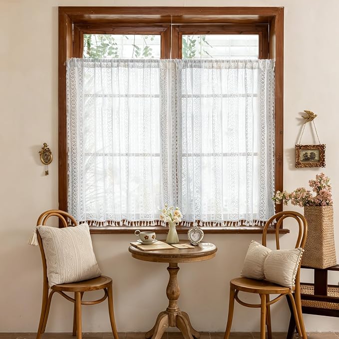 Sutuo Home White Boho Lace Curtains 45 Inches 2 Panels for Kitchen Cafe, Semi Sheer Ivory Curtains Small Window Drape Crochet Vintage Farmhouse Tassels Bohemian Privacy Cottagecore Rod Pocket, 50" W