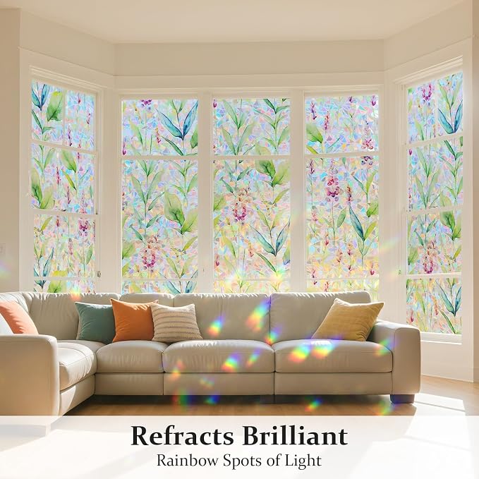 Donox Decorative Window Privacy Film, 3D Floral Stained Glass Window Film Static Cling Rainbow Privacy Sticker for Glass Door Heat Control Anti UV, No Adhesive (Gladiolus,17.5 x 78.7 inches)