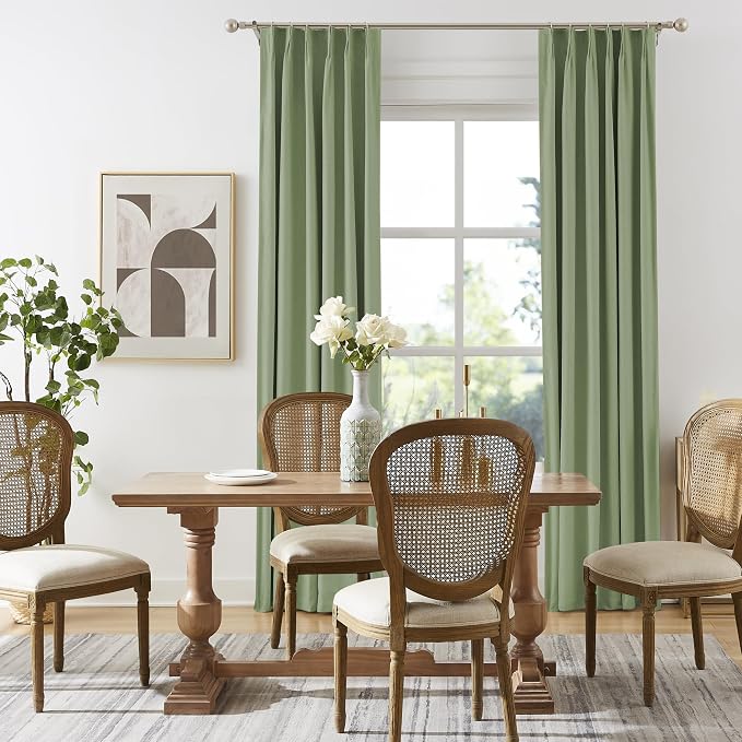 DUALIFE Sage Green Pinch Pleated Blackout Curtains 40 x 108 Inches Long, Back Tab Drapes for Living Room Bedroom Thermal Insulated Full Blackout Draperies with Hooks