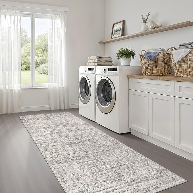 Runner Rug Non-Slip Kitchen Rug: 3x10 Washable Abstract Modern Soft Stain Resistant Indoor Floor Neutral Accent Throw Carpet for Hallway Bathroom Laundry Room Bedroom Entryway- Brown Gray