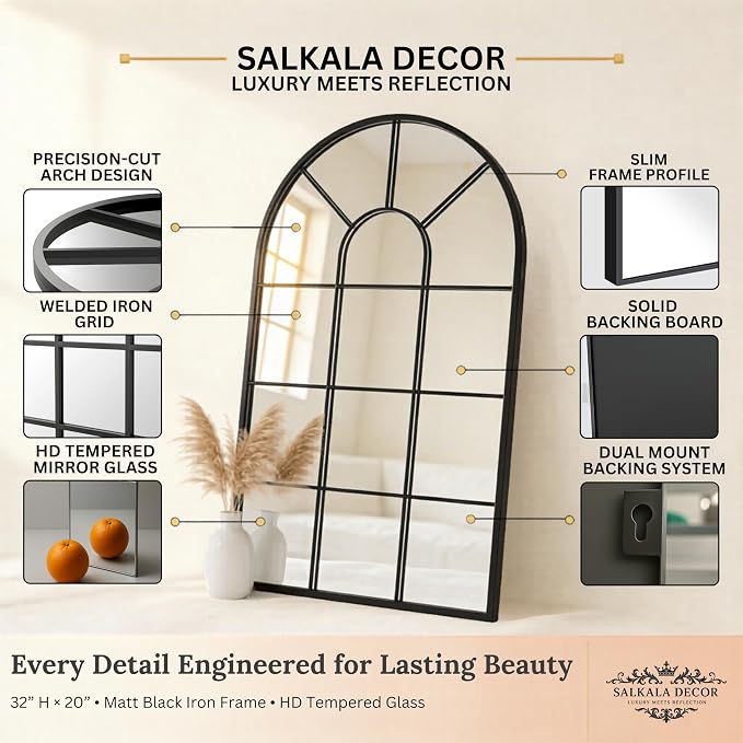 Black Arched Window Mirror | Farmhouse Decorative Wall Mirrors for Living Room, Bedroom, Entryway, Bathroom Vanity, Fireplace Mantel | Window Pane Mirror Wall Decor | Arch Mirror Modern Accent Décor