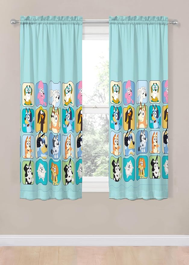 Sunny Side Up Window Curtains for Kids Bedroom 4-Piece Drape Set with 2 Tiebacks, Teal - Bluey, 42" W x 63" L (Pack of 2)