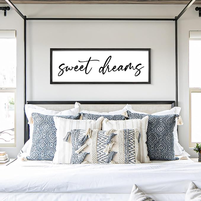 Sweet Dreams Wall Decor Above Bed 42''×15'' Large Bedroom Sign Farmhouse Bedroom Wall Sign Wood Framed Guest Room Decor Master Bedroom Wall Decoration (Black)