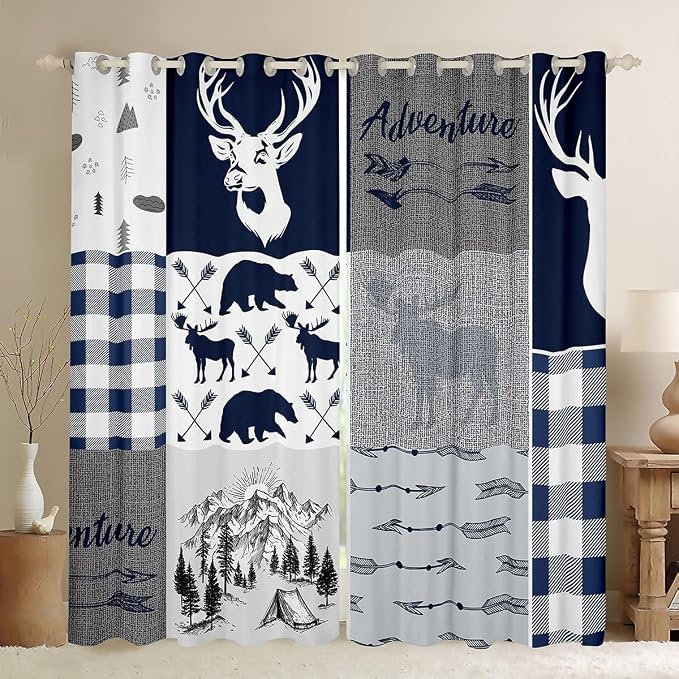 Camping Curtains for Kids, Deer Bear Blackout Window Drapes, Rustic Buffalo Plaid Patchwork for Teens Adult Bedroom, Lodge Woodland Wildlife 2 Panels, Grey Blue 42"Wx90"L