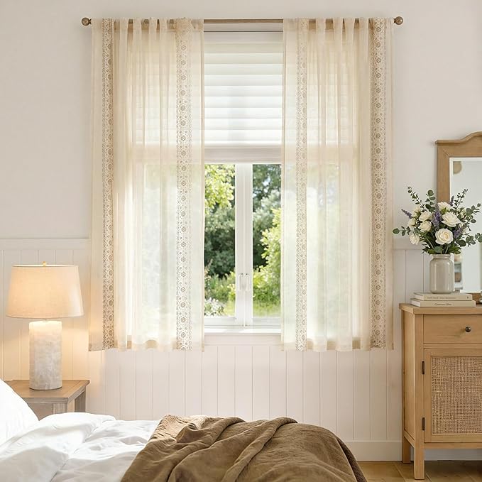 jinchan Weslie Beige Floral Sheer Curtains for Bedroom 63 Inch Long Embroidered Voile Farmhouse Linen Curtains for Living Room Ivory Flower Patterned Cottage Core Window Drapes 2 Panels Ivory on Beige