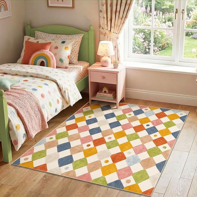 jinchan Macy Area Rug for Kids Room 6'x6' Square Rug Modern Colorful Nursery Rug Checkered Diamond Play Mat Washable Soft Non Slip Carpet for Playroom Bedroom Dorm Daycare Circus on Cream