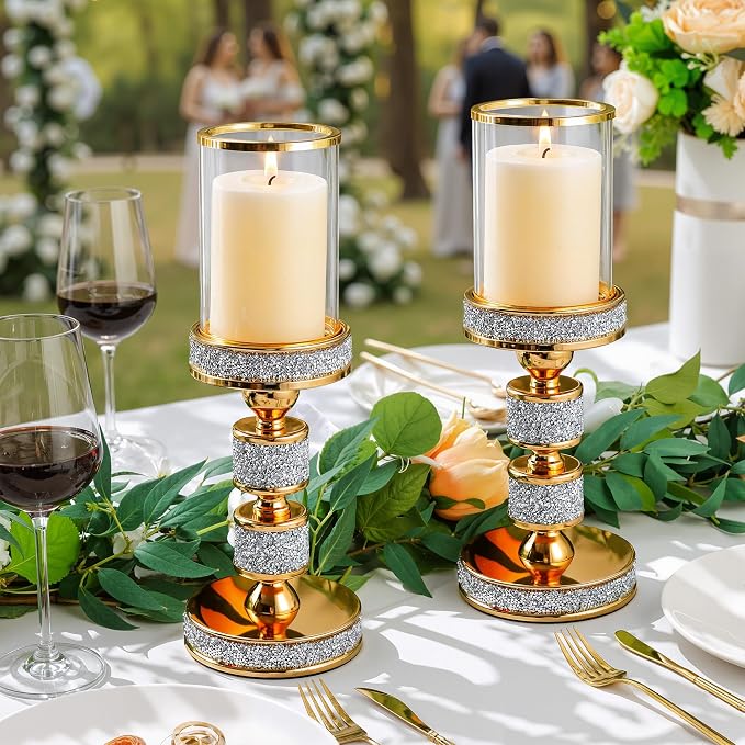 Hurricane Candle Holder, 15.9" Tall Metal Candle Stand, Glass Pillar Candle Holders Crystal Gold Decorative Centerpieces for Table, Wedding and Dining Room (Fits Candles up to 3"x5", 3pcs, S+M+L)