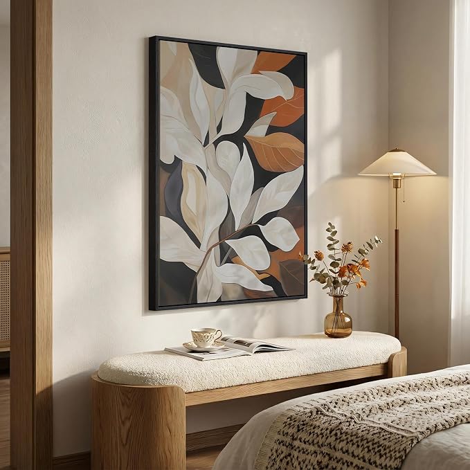 Framed Boho Botanical Wall Art for Living Room, Vertical Neutral Beige Floral Leaf Canvas Artwork for Walls, Organic Modern Terracotta Pictures Print Wall Art Decor for Bedroom Hallway, 24x36 Inch
