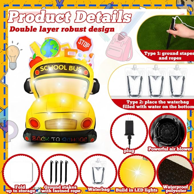 VIHOSE 5.4 Ft Back to School Inflatable Decorations First Day of School Bus Blow Up Yard Decor Build in LED Lights for Party Outdoor Garden Lawn Holiday