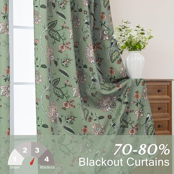 90 Inch Green Floral Pattern Blackout Curtains, Boho Print Pleated Curtains for Living Room Bedroom, 2 Panel Set, 50x90 in Long