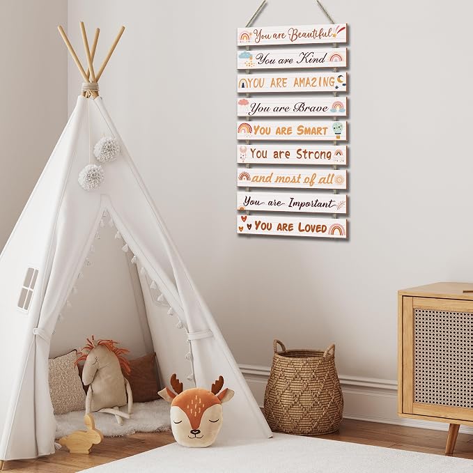 Boho Rainbow Room Decor - 9 Piece Set, Inspirational Wall Decor Hanging Plaques for Nursery & Princess Bedroom