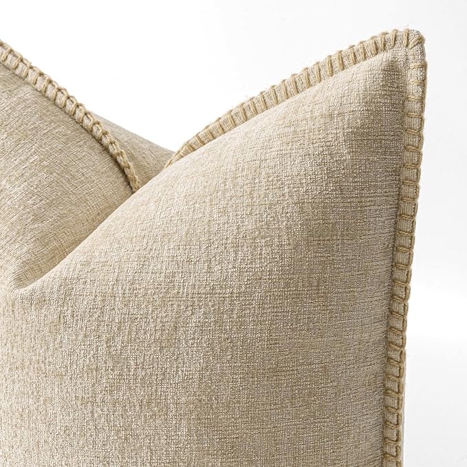 MIULEE Pack of 2 Couch Throw Pillow Covers 22x22 Inch Beige Farmhouse Decorative Pillow Covers with Stitched Edge Soft Chenille Solid Dyed Pillow Covers for Sofa Bed Living Room