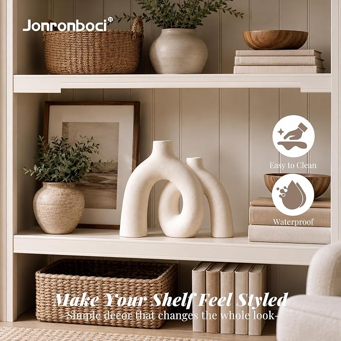 Hug Donut Decorative Vase Set - Modern Nordic Boho Style Vases Home Decor, Matte Ceramic Decorations for Living Room Shelf, Bookshelf Mantle Entryway Table or Console Décor (Cream White)