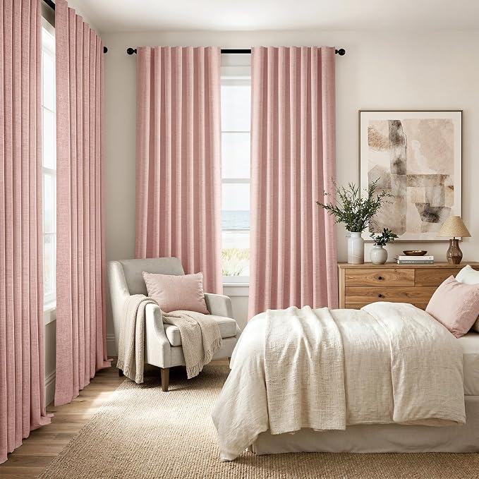 MIULEE 100% Blackout Linen Curtains for Bedroom, Blush Pink Solid Luxury Decor Thermal Insulation Room Darkening Drapes for Living Room Back Tab Rod Pocket 42 x 72 Inches, 2 Panels