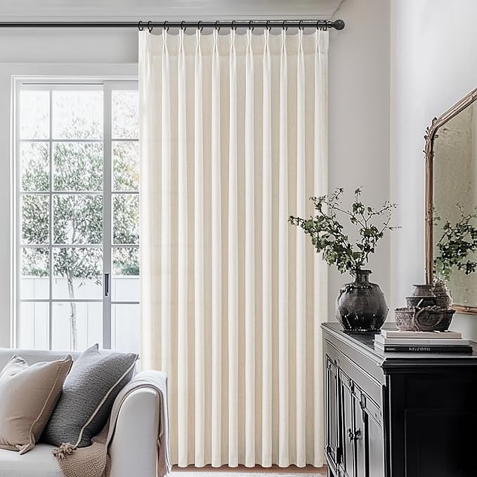 Extra Wide 70 Inch Pinch Pleated Curtains 84 Inch Length 2 Panels Set for Living Room, Cream Linen Sheer Boho Curtain Light Filtering Privacy for Bedroom Large Windows Hook Back Tab Viral Drapes Ivory