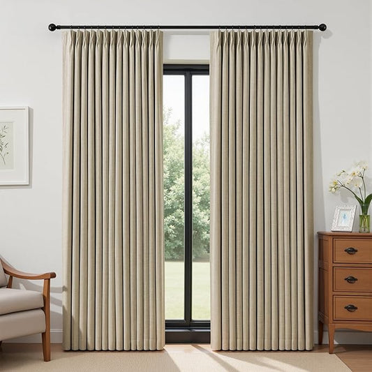 IVAPUPU Sand Pinch Pleated Full Blackout Linen Curtains for Bedroom, Black Out Curtains 84 Inches 1 Panel for Living Room Darkening Thermal Insulated Neutral Pleat Drapes with 12 Hooks, 60''Wx84''L