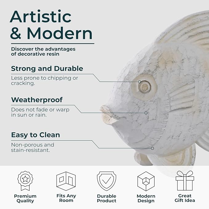 Coastal Fish Decorative Figurine – Handcrafted Polyresin Nautical Decor Sculpture – Figurines & Sculptures Home Decor for Office, Bedroom & Living Room – 10", Whitewash