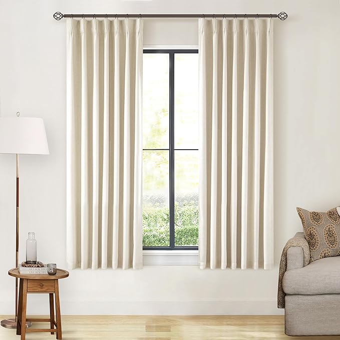 Linen Beige Black Out Curtains 63 Inch Long for Bedroom Pinch Pleated with Rings Hooks Back Tab Thermal Insulated Short Length Linen Blackout Drapes Farmhouse Living Room Darkening Kitchen Curtains