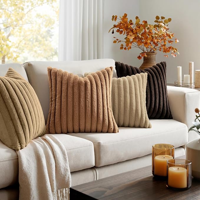 MIULEE Faux Fur Plush Decorative Throw Pillow Covers 18x18 Set of 4, Boho Fall Farmhouse Soft Fuzzy Striped Cushion Covers for Sofa Couch Bed Living Room Vintage Rustic Home Decor,Dark Brown