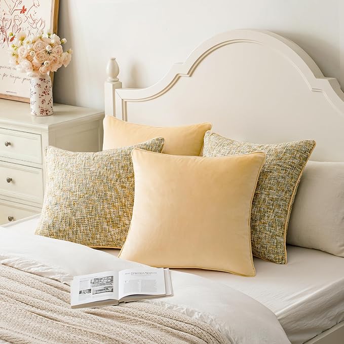 a moment Yellow 4 Pack Throw Pillow Covers - Chenille & Velvet Set with Piping, Farmhouse Textured Design Pillow Cases for Couch Sofa Bed Livingroom (22x22 Inch, No Insert)