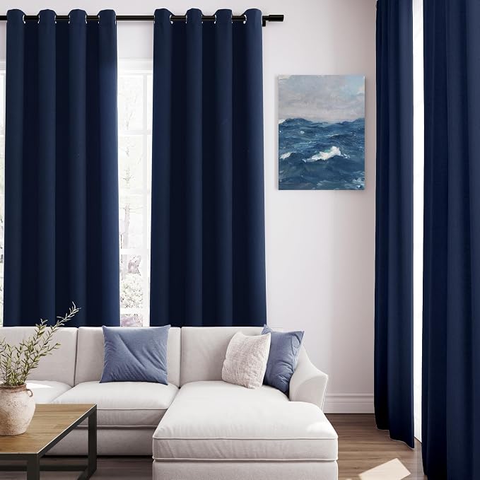 Jowels Navy Blue Linen Blackout Curtains 84 Length 2 Panels Set for Living Room Bedroom, 100% Black Out Thermal Insulated Linen Drapes, Room Darkening Grommet Curtains 84 Inches Long