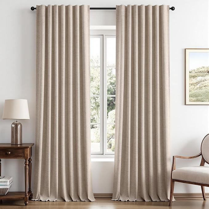 MIULEE 100% Blackout Linen Curtains for Bedroom, Beige Solid Luxury Decor Thermal Insulation Room Darkening Drapes for Living Room Back Tab Rod Pocket 42 x 108 Inches, 2 Panels