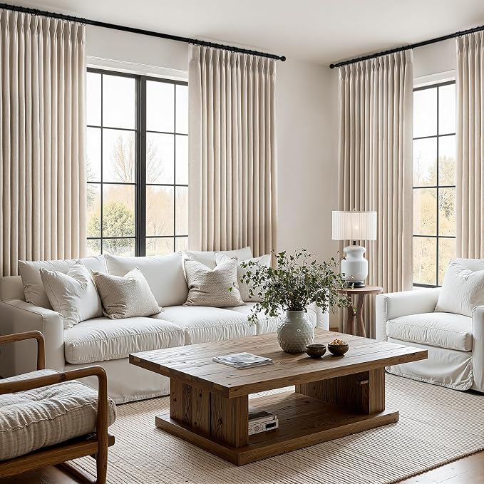 Pinch Pleated Curtains 90 Inches Long 2 Panels Set,Beige Semi Sheer Cotton Blend Fabric Aesthetic Advanced Curtain Drapes for Living Room Bedroom,72x90 inch Length
