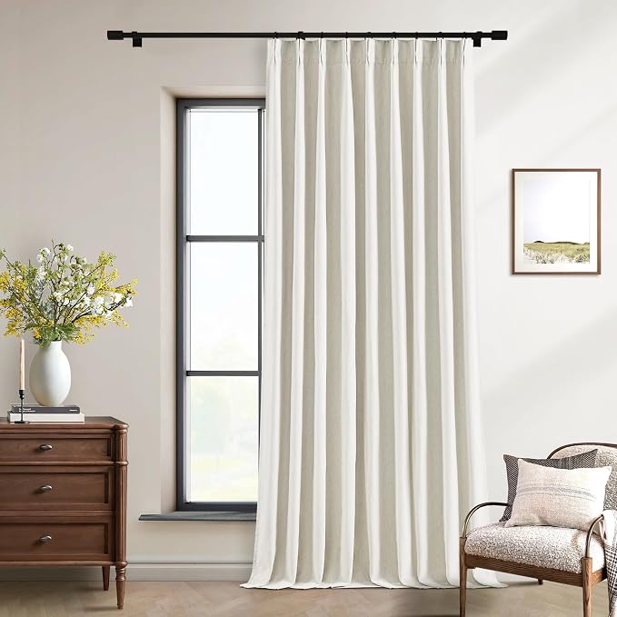 Natural Cream Linen Black Out Curtains 120 Inch Long for Living Room Bedroom 1 Panel Room Darkening Pinch Pleated Back Tab Extra Long Blackout Curtains Boho Farmhouse Thermal Insulated Drapes 60x120