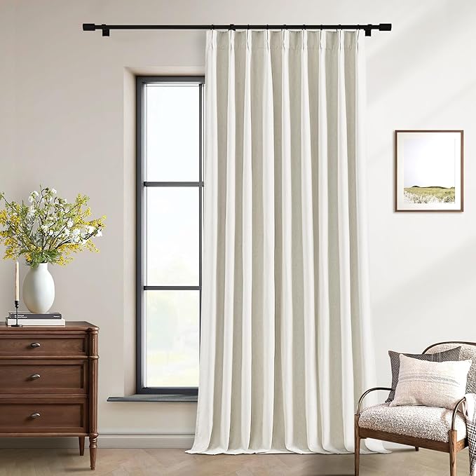 Natural Cream Linen Black Out Curtains 120 Inch Long for Living Room Bedroom 1 Panel Room Darkening Pinch Pleated Back Tab Extra Long Blackout Curtains Boho Farmhouse Thermal Insulated Drapes 60x120