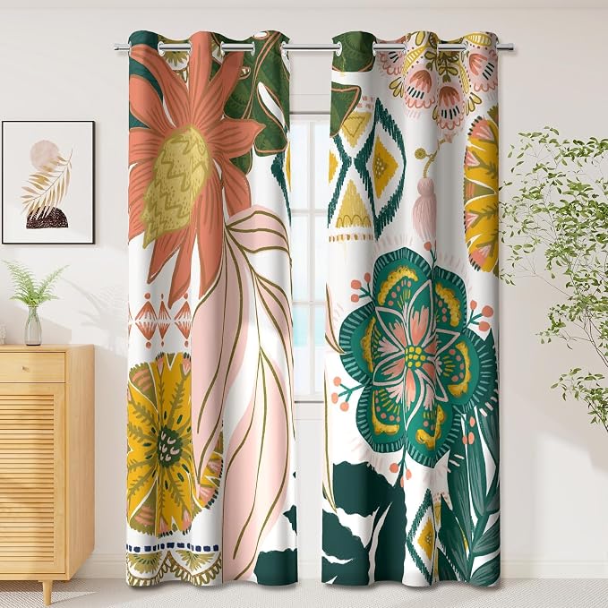 Tyrot Boho Floral 100% Blackout Curtains for Bedroom 84 inch Long 2 Panels Mid Century Botanical Black Out Curtains for Living Room Grommet Thermal Insulated Room Darkening Window Drapes,42Wx84L
