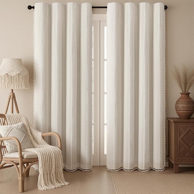 Ivory Boho Blackout Curtains 2 Panels 90 Inch for Living Room Bedroom, Beige Linen Texture Farmhouse Curtains with Tassels and Cotton Embroidery Vintage Rustic Western Rod Pocket
