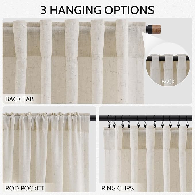 Nanspring Warm Beige Linen Curtains 102 Inches Long Rod Pocket Back Tab Drapes 2 Panels Set for Living Room Bedroom Light Filtering Semi Sheer Warm Beige Curtain 102 Length for Patio Door 52x102