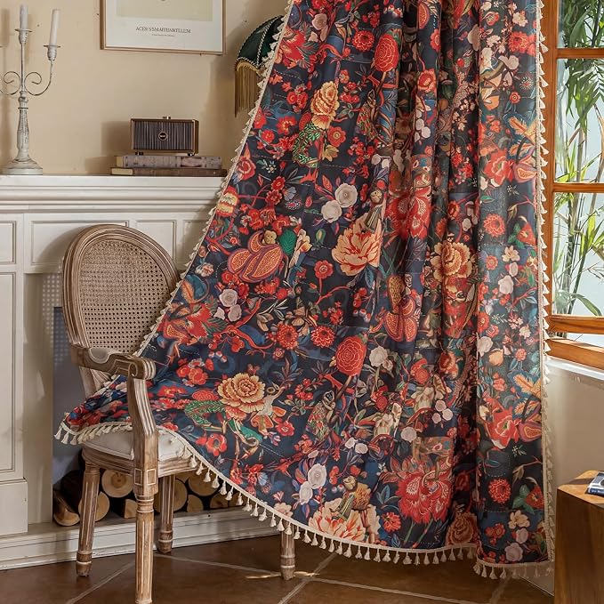 OYX Boho Floral Curtains 84 Inch, Linen Farmhouse Flower Drapes with Lace & Tassels, Light Filtering Semi Sheer Curtains for Living Room Bedroom, 2 Panels