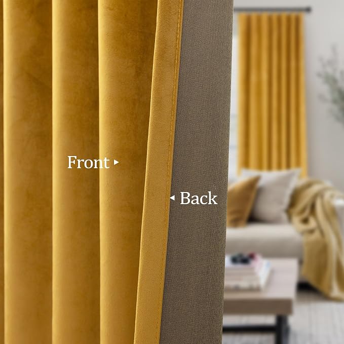 Back Tab Velvet Curtains Gold Bedroom Curtains 63 Inch Length 2 Panel Rod Pocket Super Soft Luxury Textured Thermal Insulated Short Drape for Boy Kids Room Office Apartment Studio Theater Autumn Decor