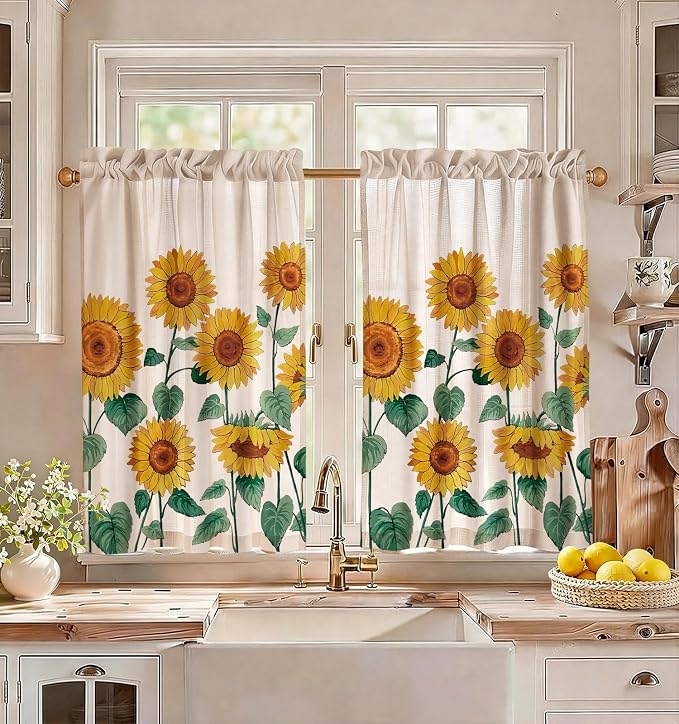 Miss Adola Sunflower Kitchen Tier Curtains - 36 Inch Length Linen Blend Farmhouse Cafe Curtains Floral Small Window Treatments Over Sink Rod Pocket for Bathroom Living Room Light Filtering, 2 Panels