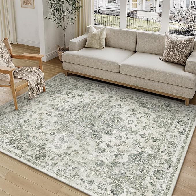 5x7 Washable Neutral Area Rug Green Vintage Living Room Bedroom Carpet Non-Slip Soft Low Pile Farmhouse Indoor Throw Rug for Dining Room Entryway Office
