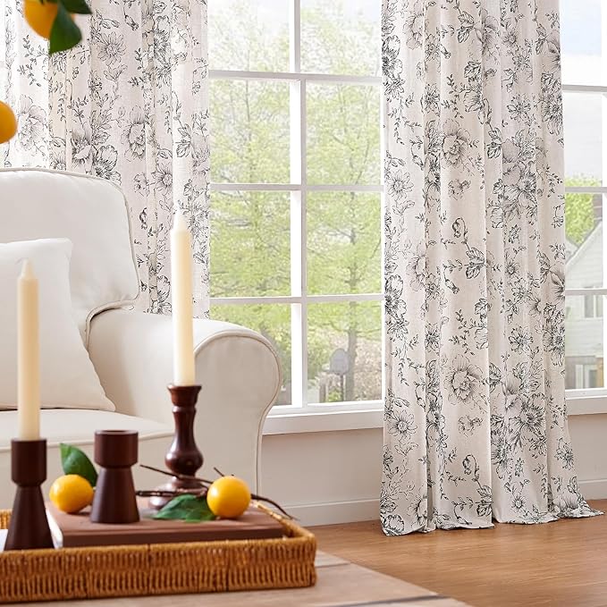 jinchan Linen Blend Curtain Floral Curtains for Living Room 108 Inch Length Black Printed Curtain Rod Pocket Back Tab Farmhouse Peony Flower Patterned Drapes Bedroom Window Curtains Set 2 Panels