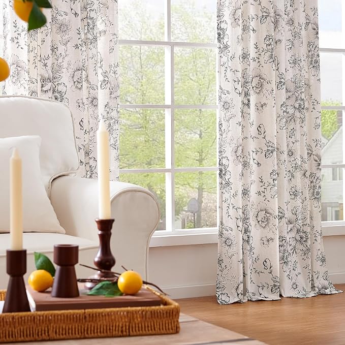 jinchan Linen Blend Curtain Floral Curtains for Living Room 96 Inch Length Black Printed Curtain Rod Pocket Back Tab Farmhouse Peony Flower Patterned Drapes Bedroom Window Curtains Set 2 Panels