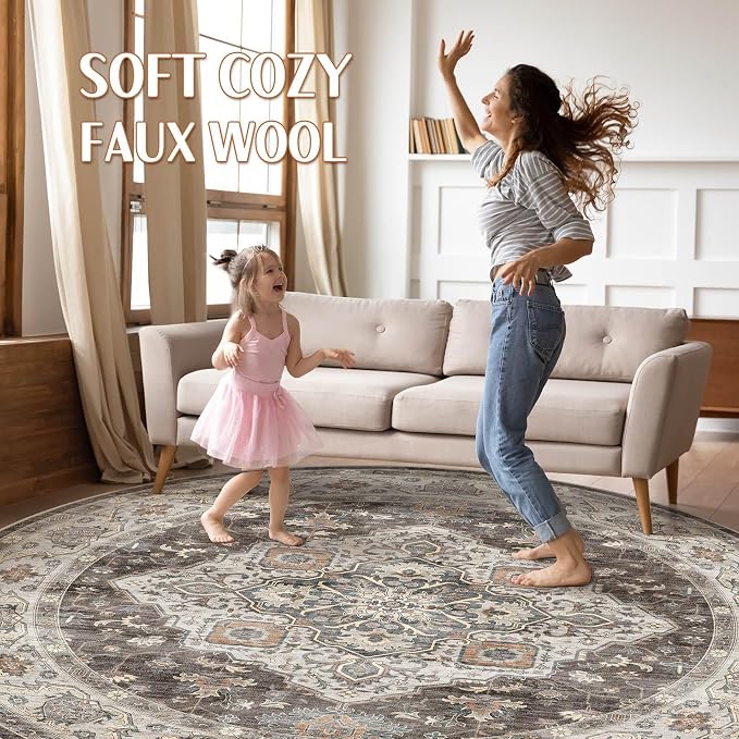 Round Rug Living Room Rugs: 8x8 Washable Boho Neutral Large Circle Soft Indoor Floral Stain Resistant Floor Farmhouse Carpet for Bedroom Nursery Kids Playroom Office Dining Room Dorm- Grey Brown