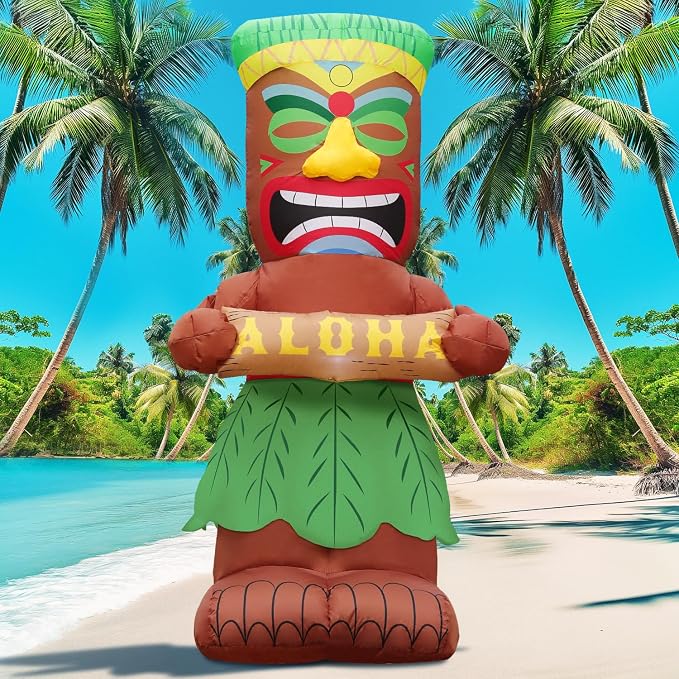 DomKom 5FT Tiki Luau Inflatables, Tiki Hold Sign Board with Aloha, Hawaiian Summer Tropical Beach Blow up Party Decor Party Giant Yard Decoration, Outdoor Built-in LED Lights Lawn Holiday Outside